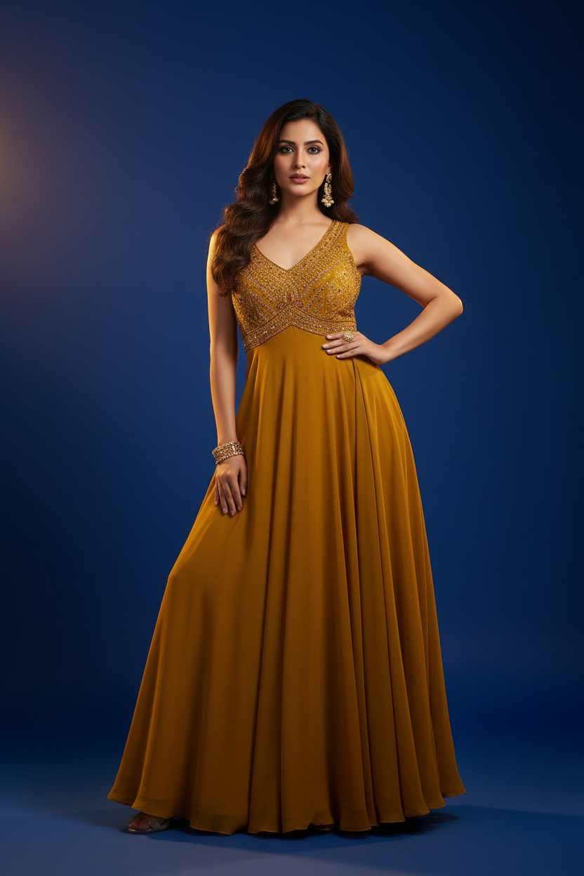 Model in Mustard Yellow Embellished Anarkali