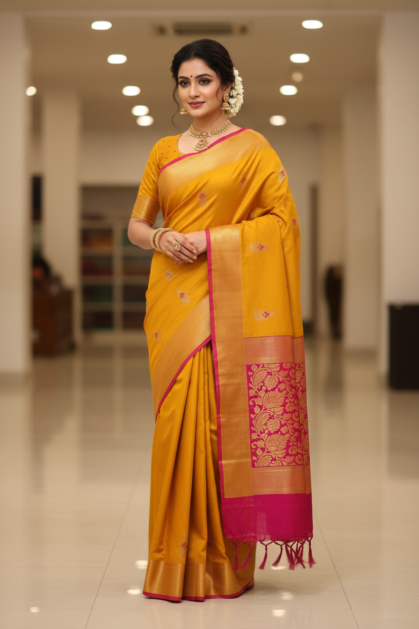 Model in Mustard Yellow Peacock Saree