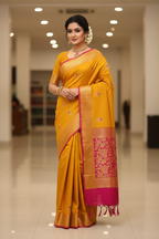 Model in Mustard Yellow Peacock Saree