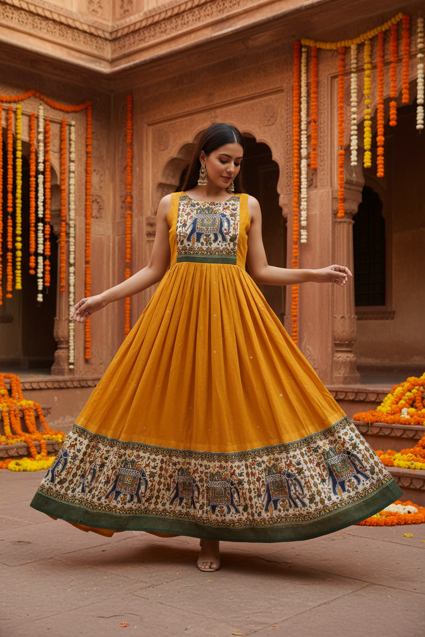 Model in Mustard Yellow Pichwai Art Anarkali