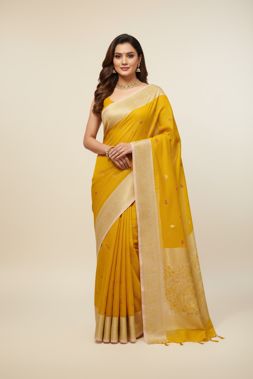 Model in Mustard Yellow Saree with Cream Gold Border