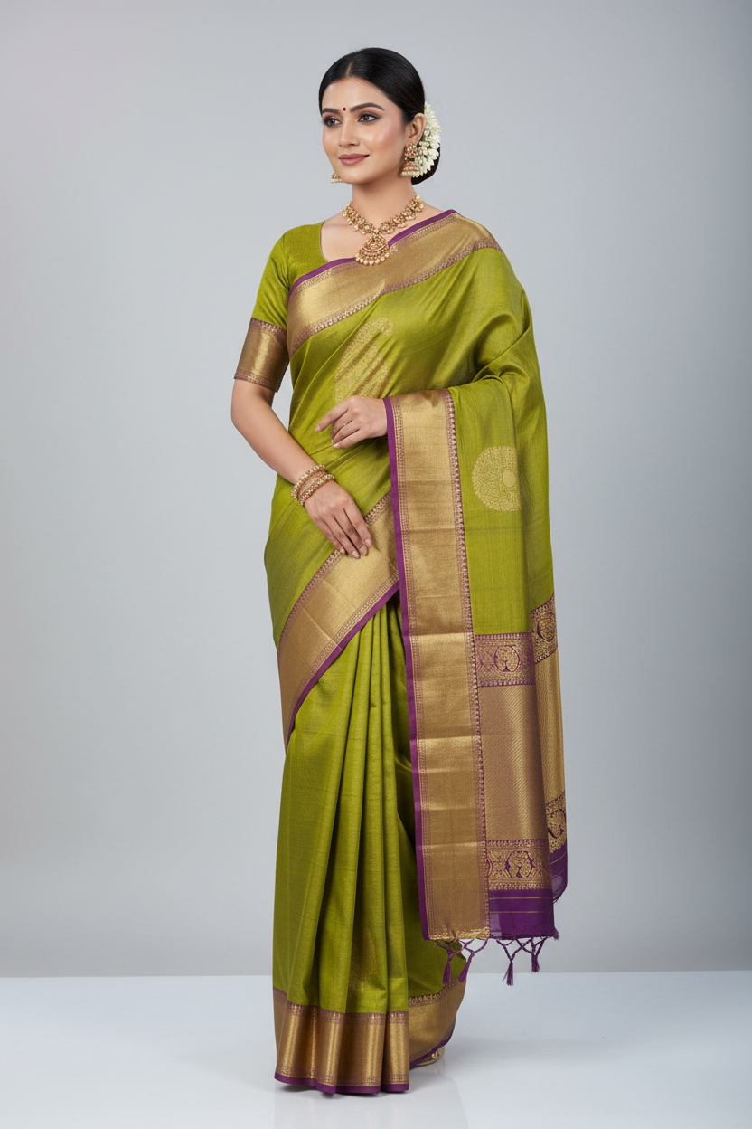 Model in Olive Green Silk Saree