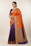 Model in Orange and Royal Purple Dual-Tone Kanjivaram Saree