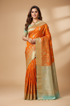 Model in Orange Banarasi Saree