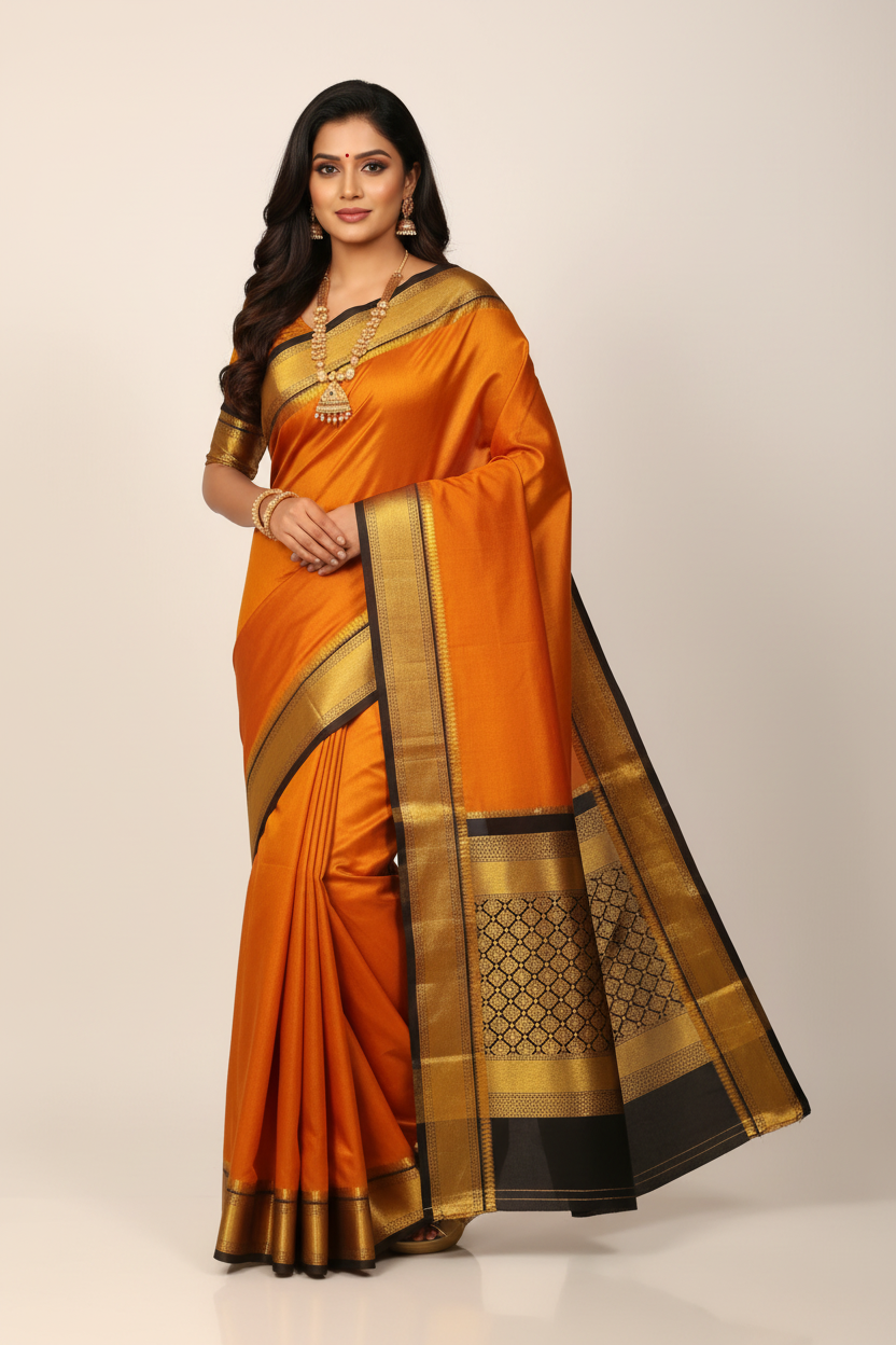 Model in Orange Kanjivaram Saree