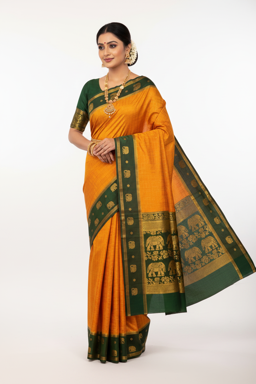 Model in Orange Mysore Silk Saree with Green Elephant Border
