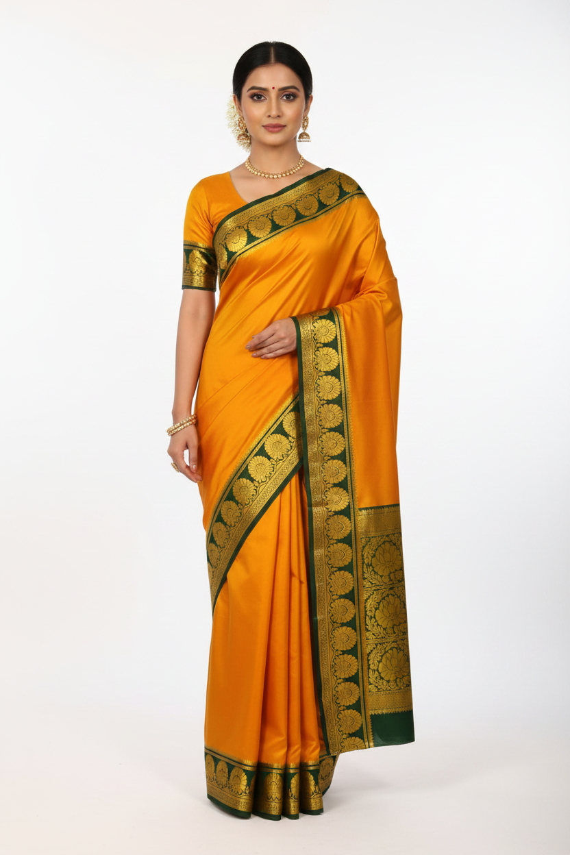 Model in Orange Mysore Silk Saree with Green Lotus Border