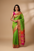 Model in Parrot Green Tri-Colour Banarasi Saree