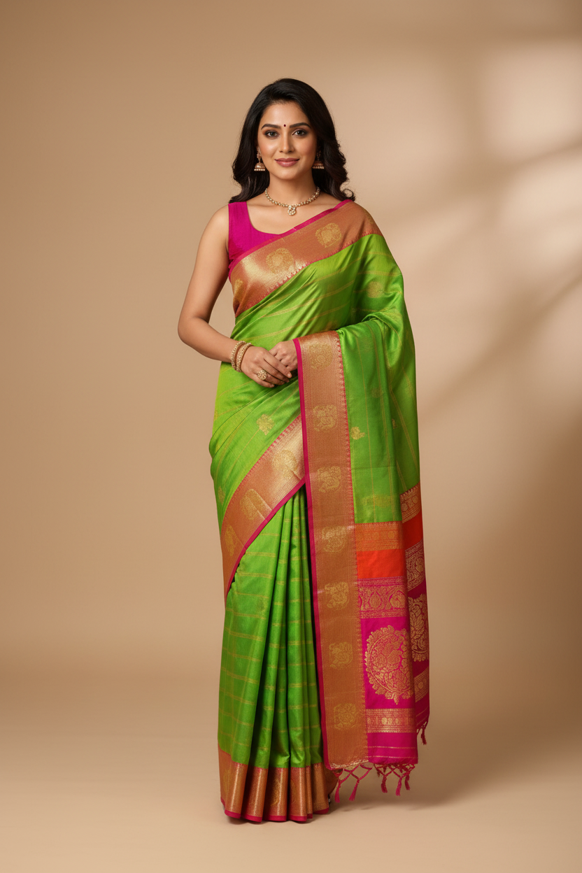 Model in Parrot Green Tri-Colour Banarasi Saree