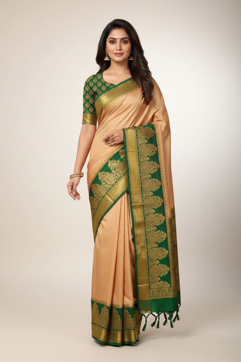 Model in Peach Mysore Silk Crepe Saree