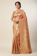 Model in Peach Rose Gold Tissue Silk Saree