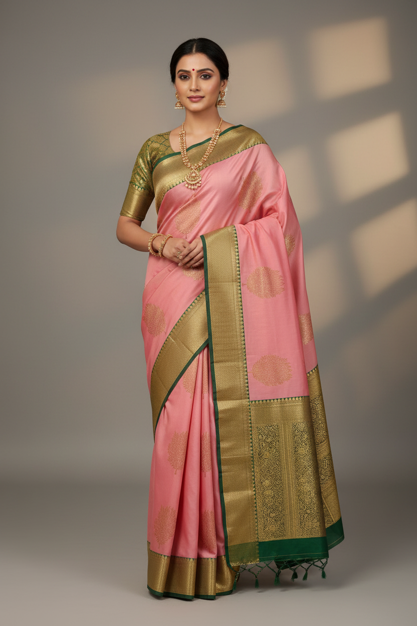 Model in Pink Banarasi Saree