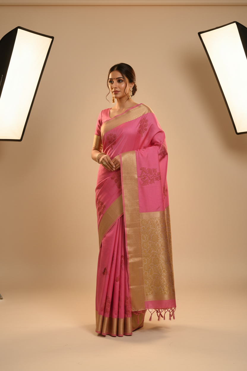 Model in Pink Ginkgo Banarasi Saree