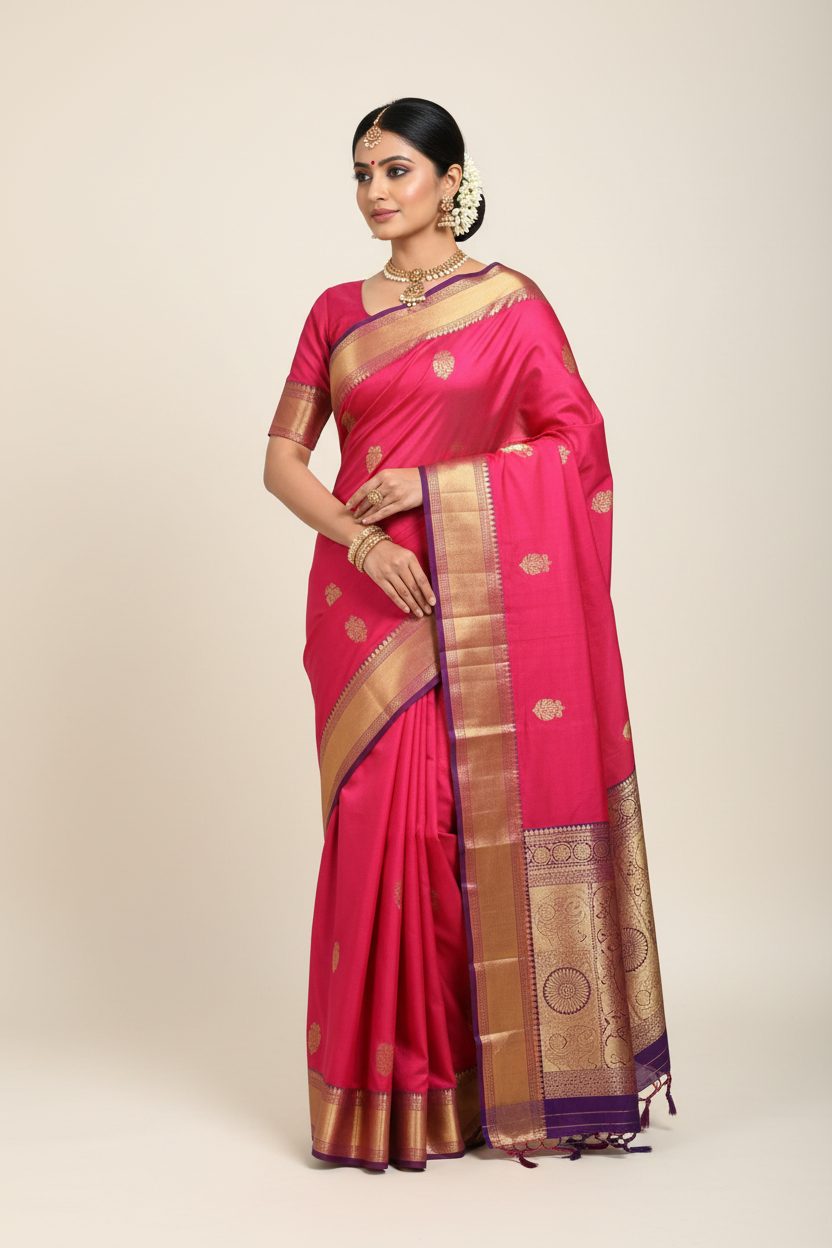 Model in Pink Silk Saree