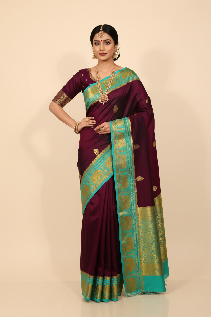 Model in Plum Kanjivaram Saree with Teal Border