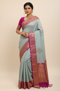 Model in Powder Blue Saree with Magenta Border