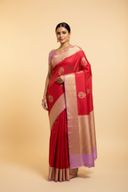 Model in Red and Lavender Banarasi Saree