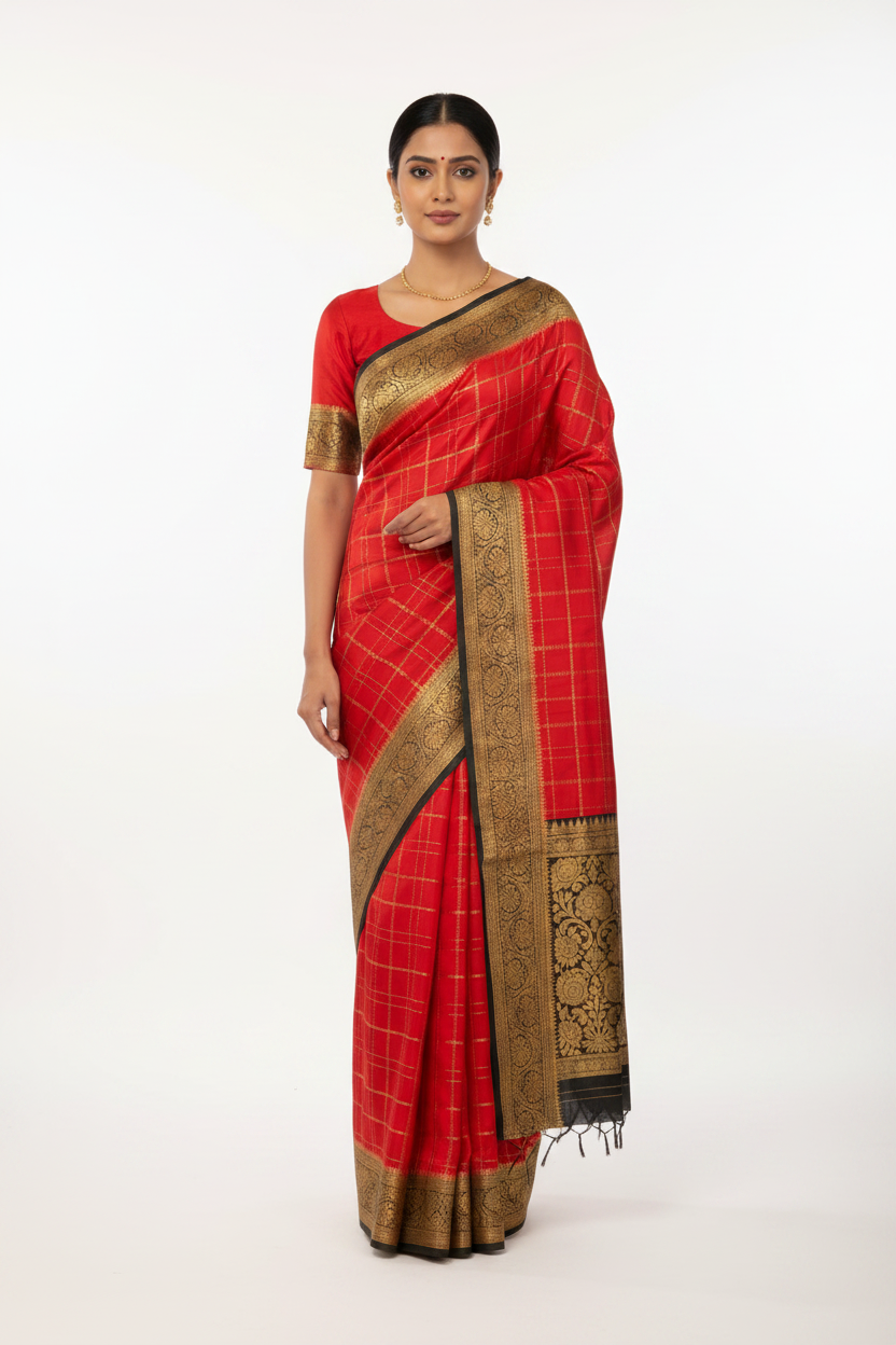 Model in Red Mysore Silk Saree with Black Floral Border and Matching Blouse