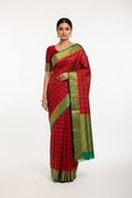 Model in Red Mysore Silk Saree with Green Border and Matching Blouse