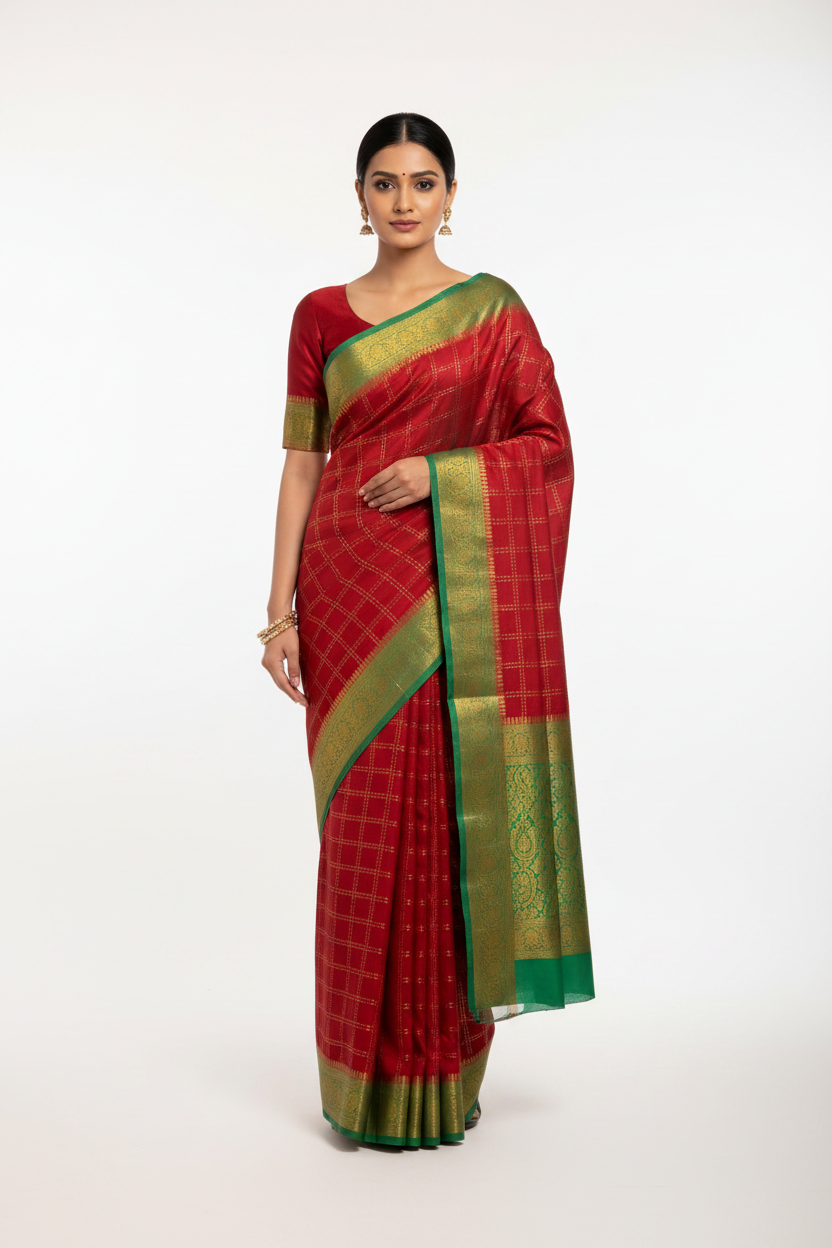 Model in Red Mysore Silk Saree with Green Border and Matching Blouse