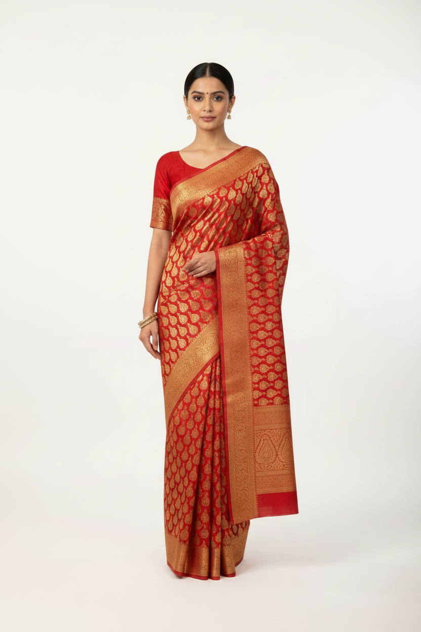 Model in Red Mysore Silk Saree with Matching Red Blouse