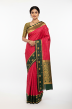 Model in Rose Pink Mysore Silk Saree with Green Elephant Border