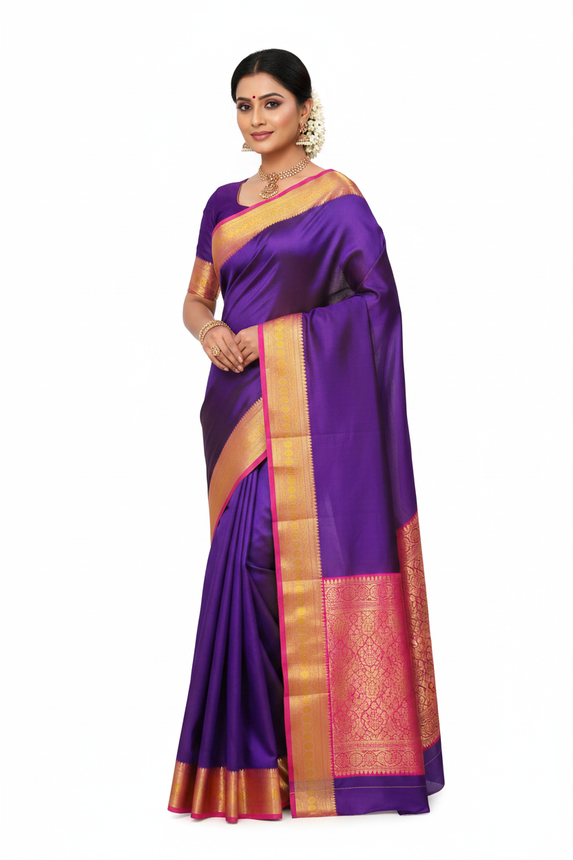 Model in Royal Purple Kanjivaram Saree