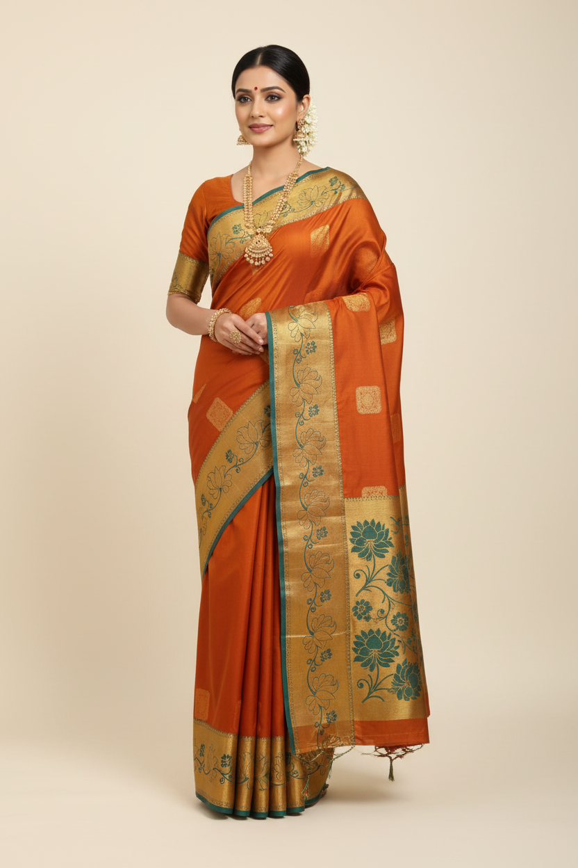 Model in Rust Orange Kanjivaram Saree with Gold Teal Border
