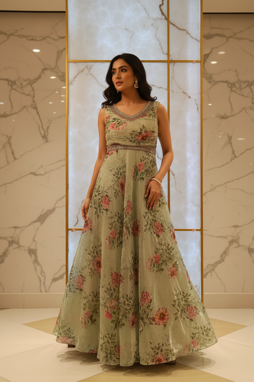Model in Sage Gold Floral Organza Gown