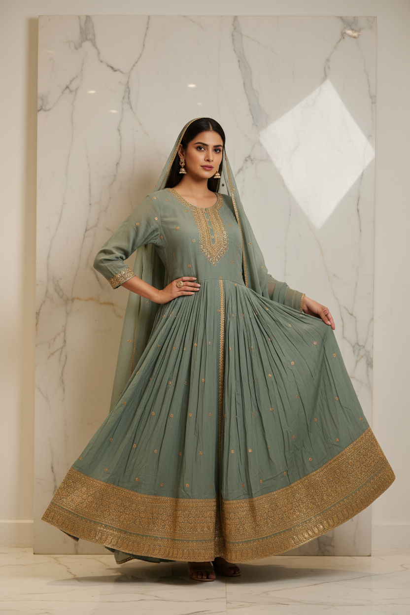 Model in Sage Green Anarkali