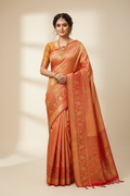 Model in Salmon Copper Banarasi Saree with Red Border