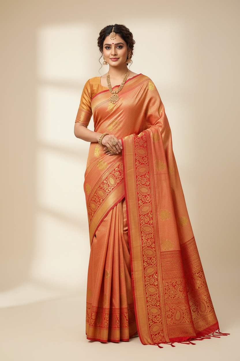 Model in Salmon Copper Banarasi Saree with Red Border