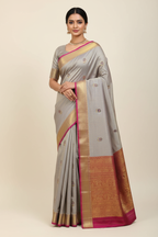 Model in Silver Grey Banarasi Saree with Maroon Border