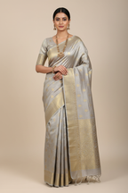 Model in Silver Tissue Silk Banarasi Saree