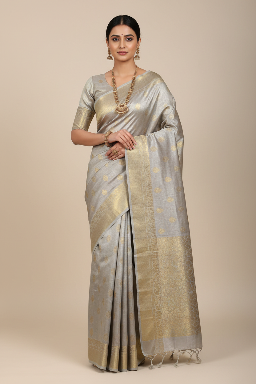 Model in Silver Tissue Silk Banarasi Saree