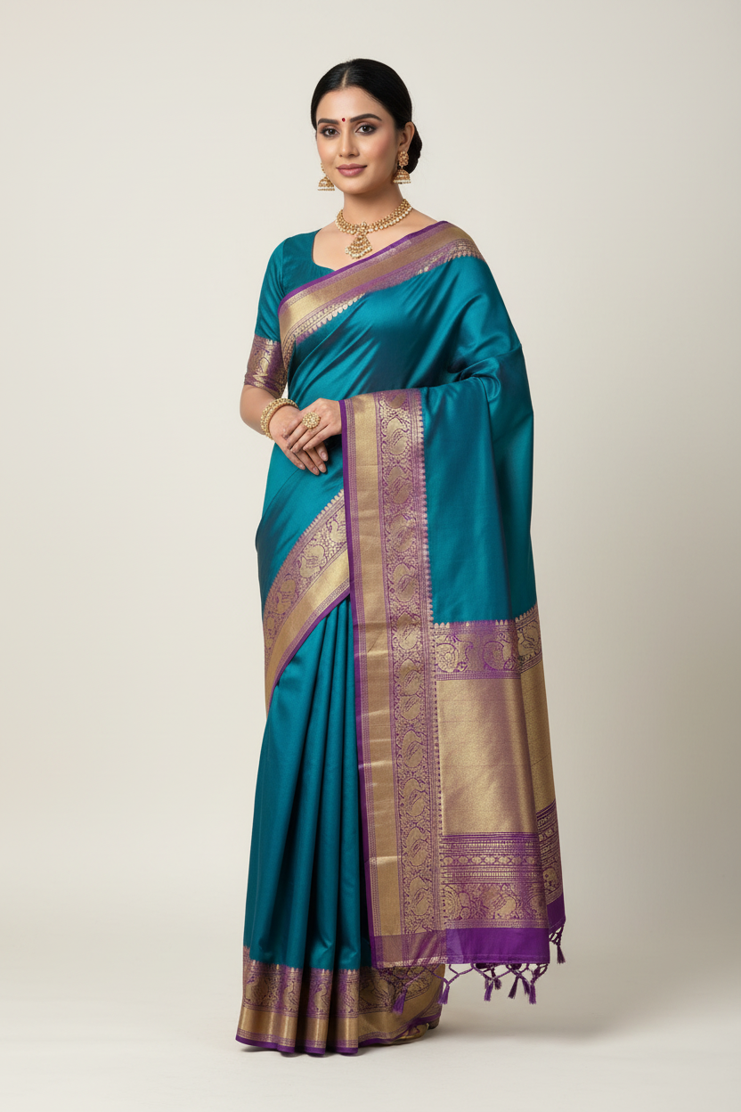 Model in Teal and Gold Tissue Silk Saree