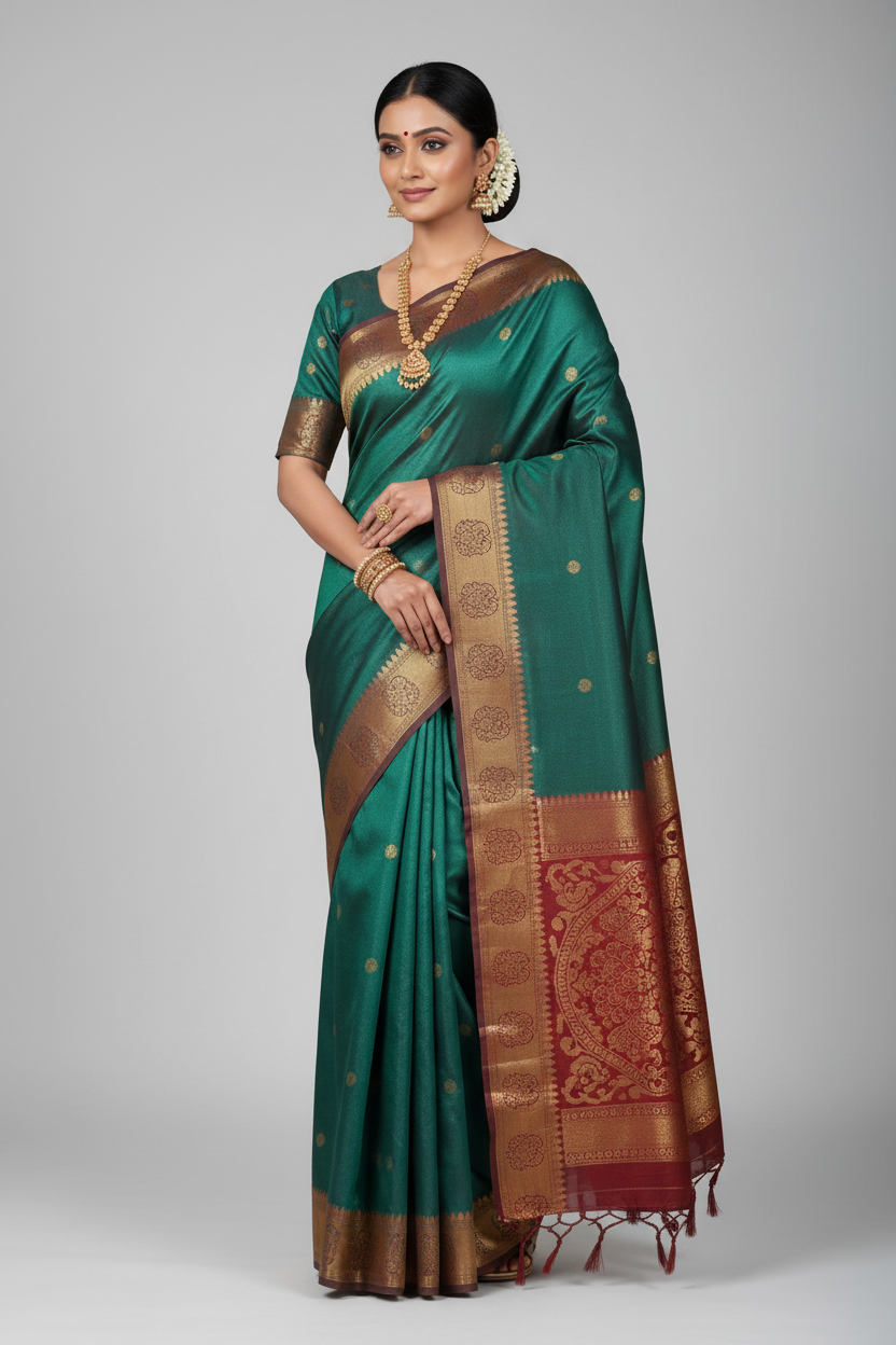 Model in Teal and Maroon Silk Saree