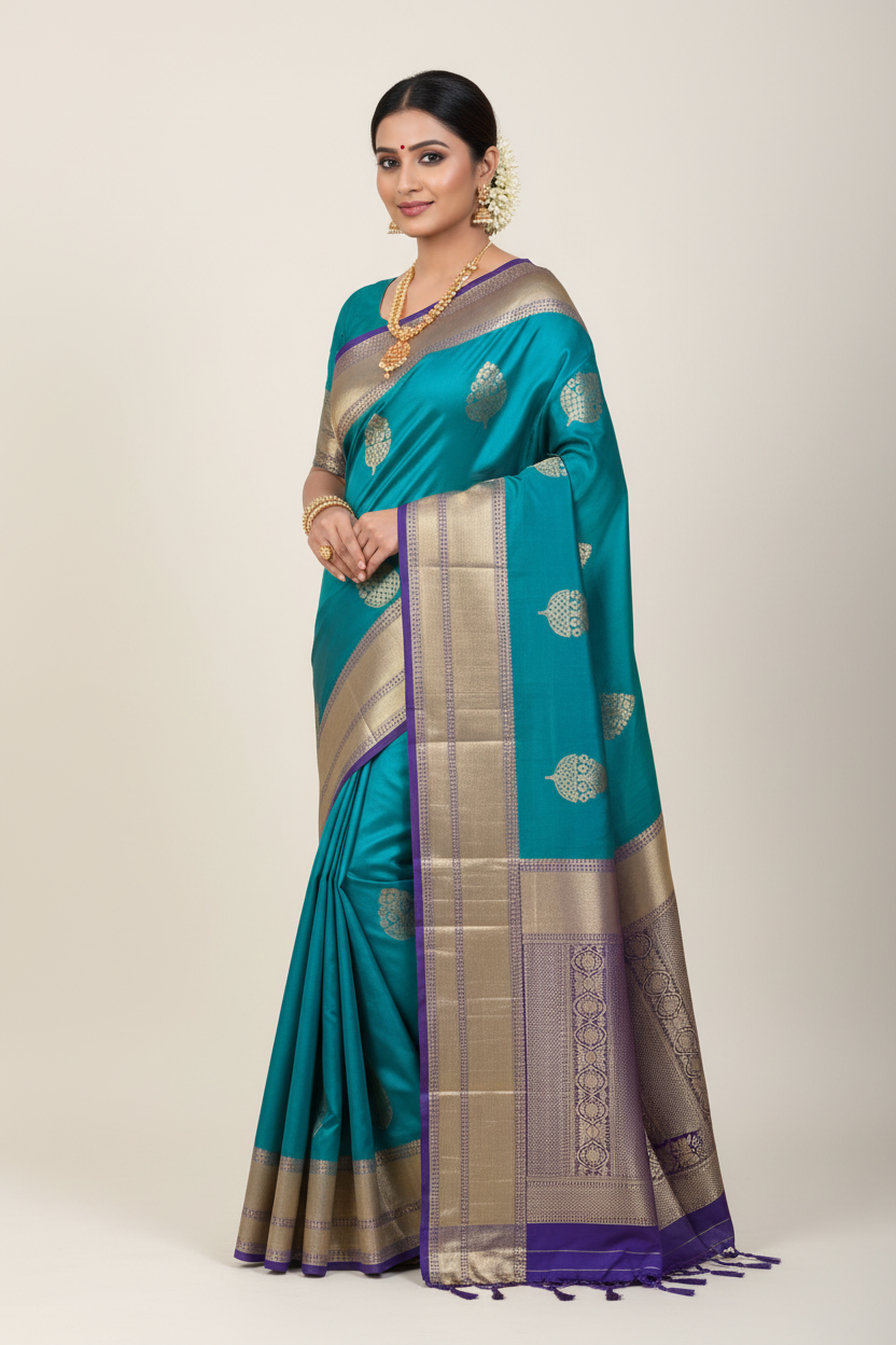Model in Teal and Purple Silk Saree