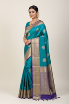 Model in Teal and Purple Silk Saree