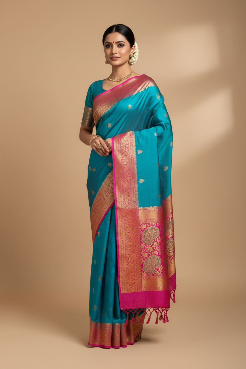 Model in Teal Blue Banarasi Saree