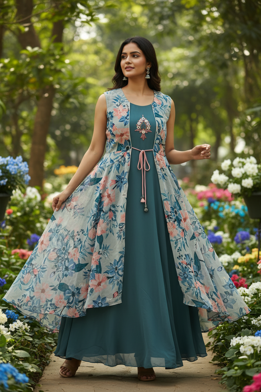Model in Teal Dress with Floral Printed Jacket