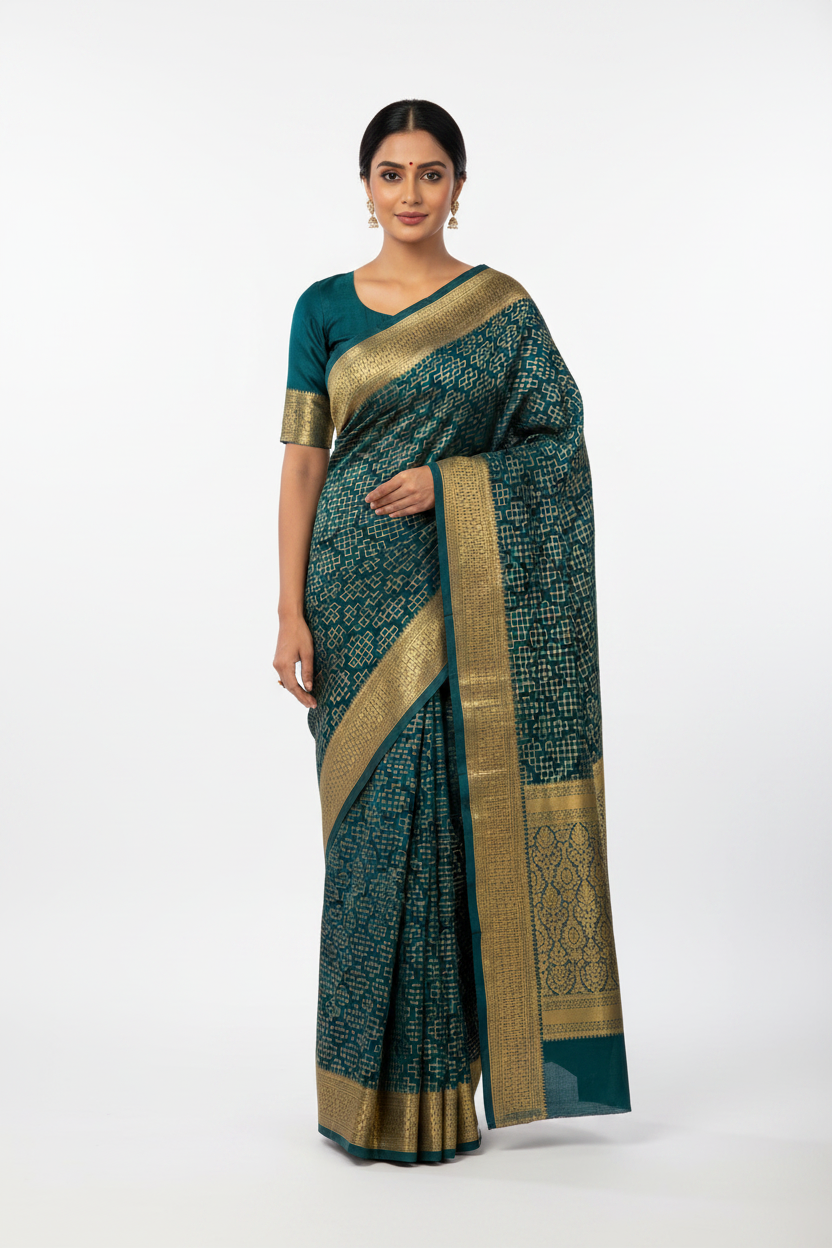 Model in Teal Mysore Silk Saree with Gold Lattice Pattern and Mustard Border