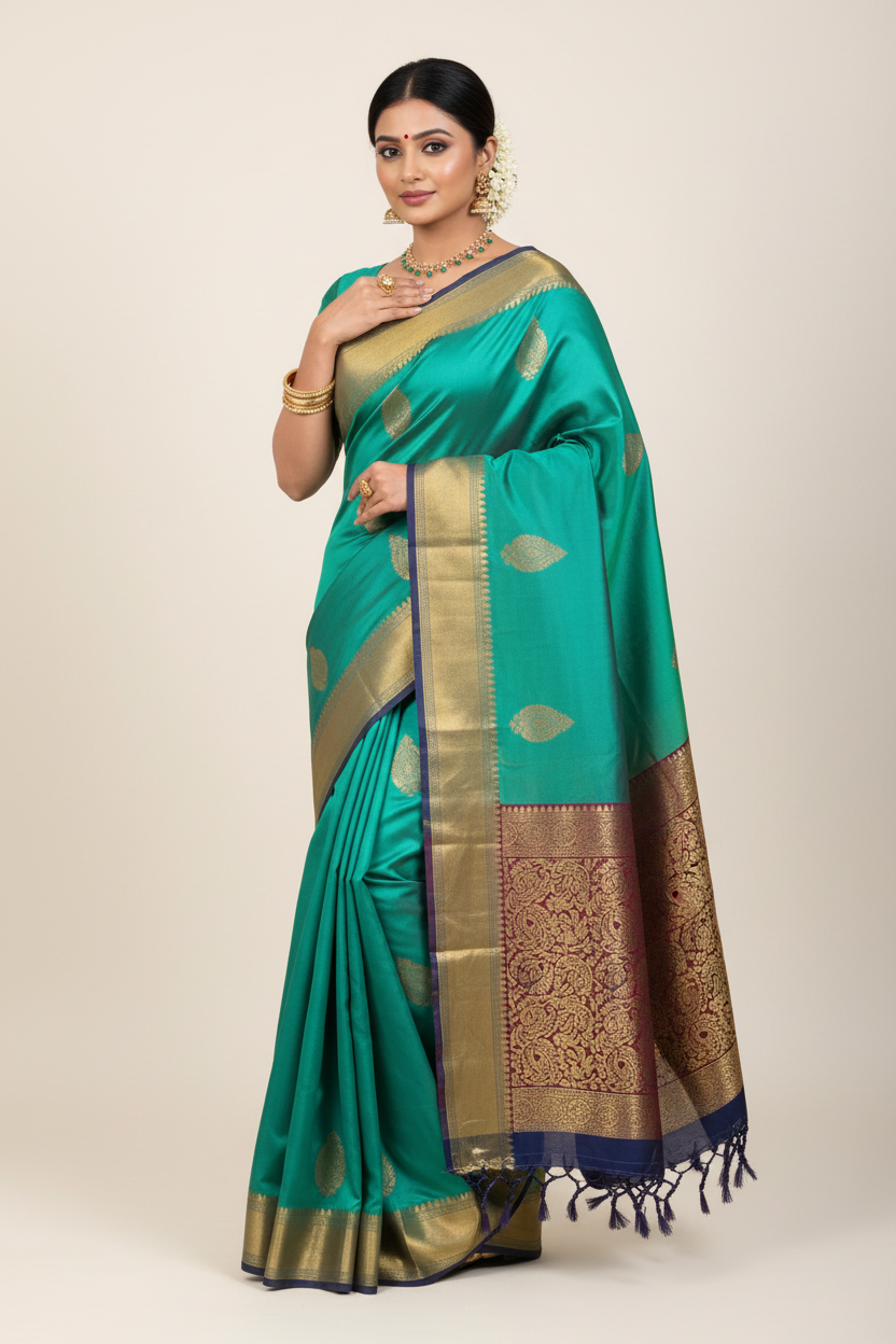 Model in Teal Silk Saree