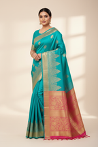 Model in Turquoise Temple Border Banarasi Saree