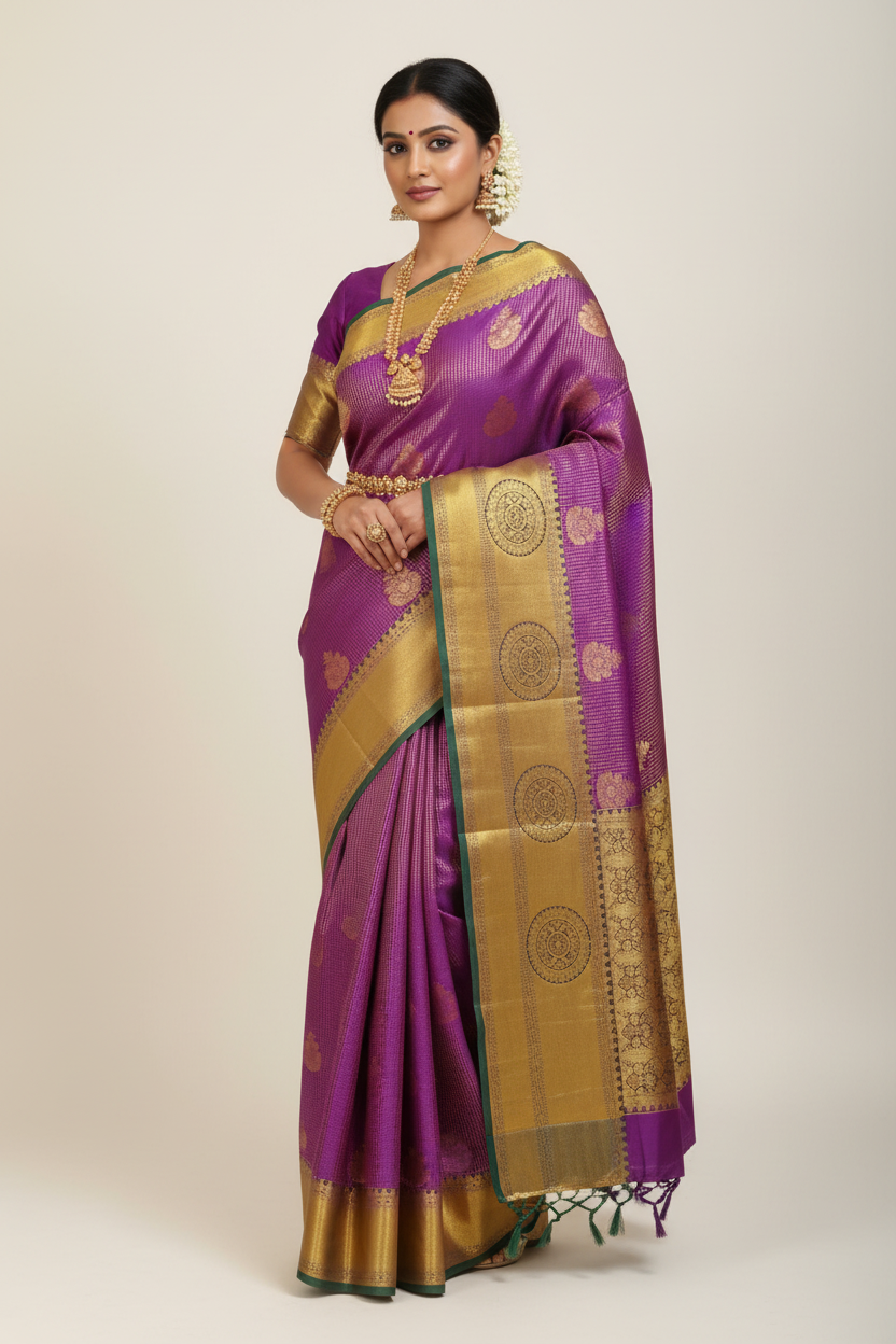 Model in Violet Purple Kanjivaram Saree with Gold Mandala Border