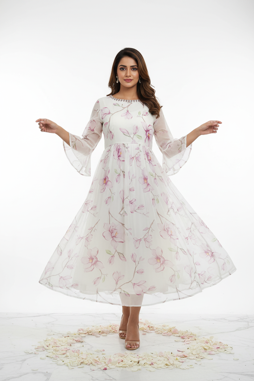 Model in White Chiffon Floral Bell Sleeve Dress