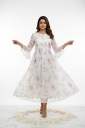 Model in White Chiffon Floral Bell Sleeve Dress