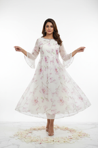 Model in White Chiffon Floral Bell Sleeve Dress