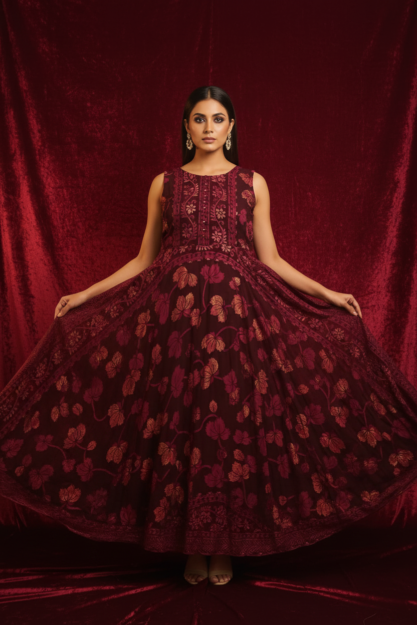 Model in Wine Burgundy Chikankari Anarkali with Leaf Print