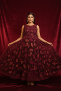 Model in Wine Burgundy Chikankari Anarkali with Leaf Print